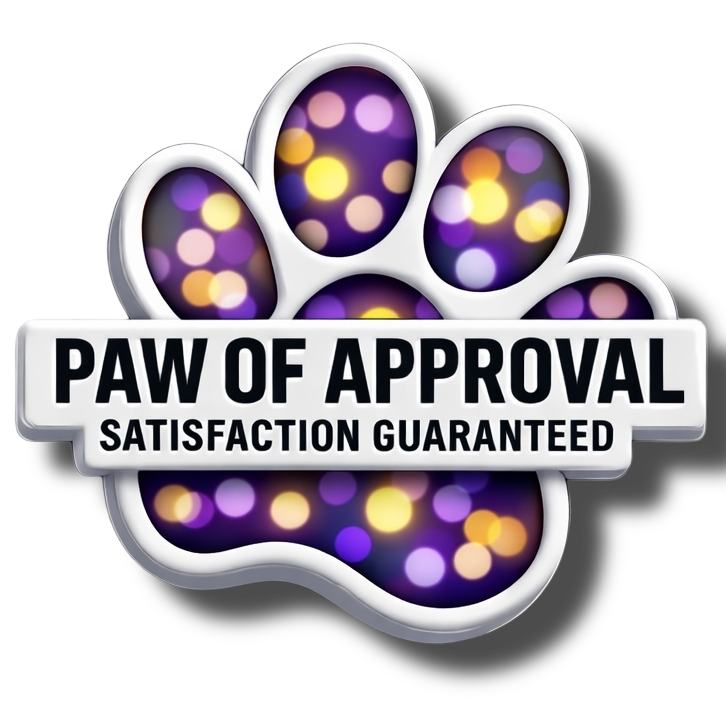 Paw-shaped logo with colorful dots and 'Paw of Approval, Satisfaction Guaranteed' text on a white background